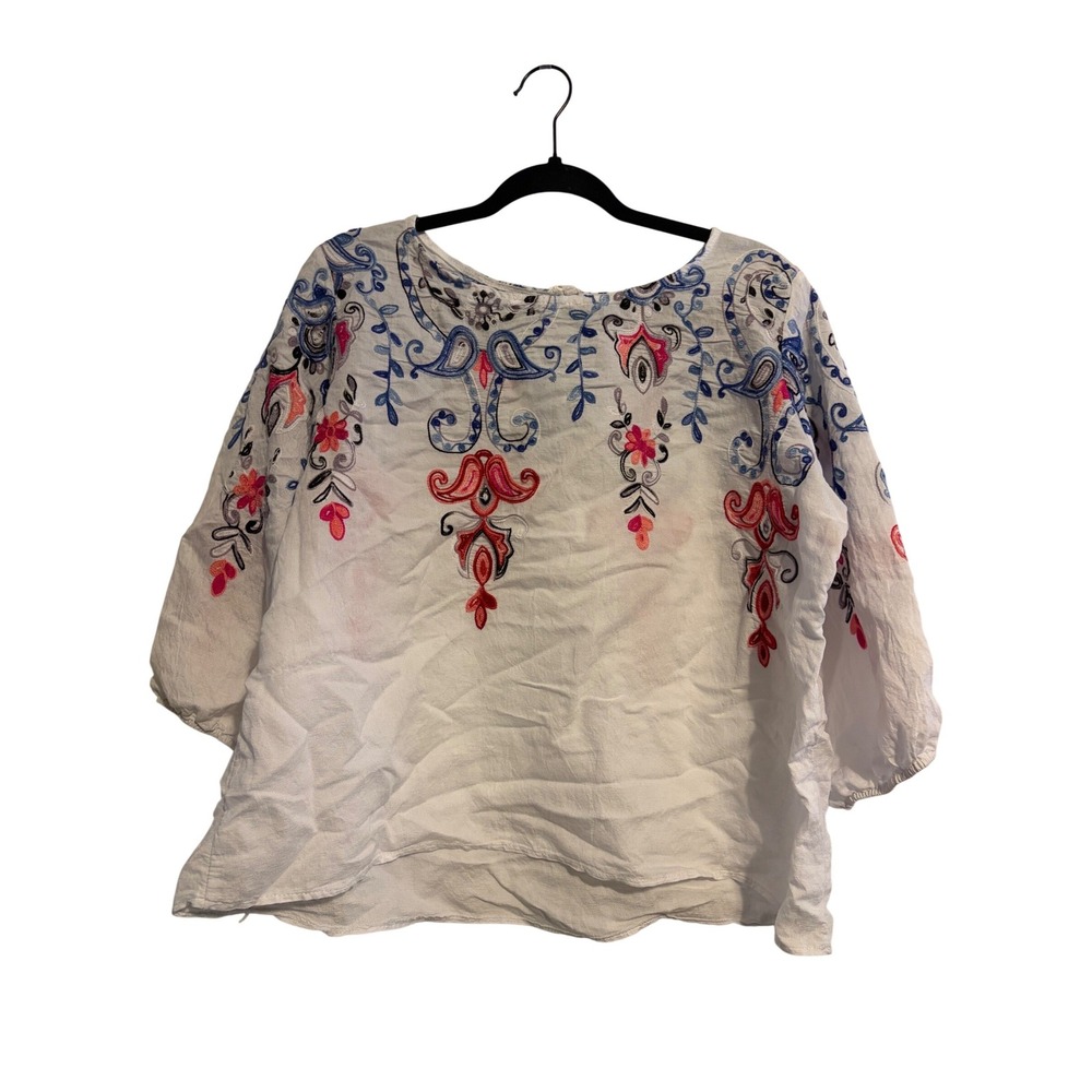 Kindred Blouse Bohemian White Multi Color Embroidered Peasant Top 2X